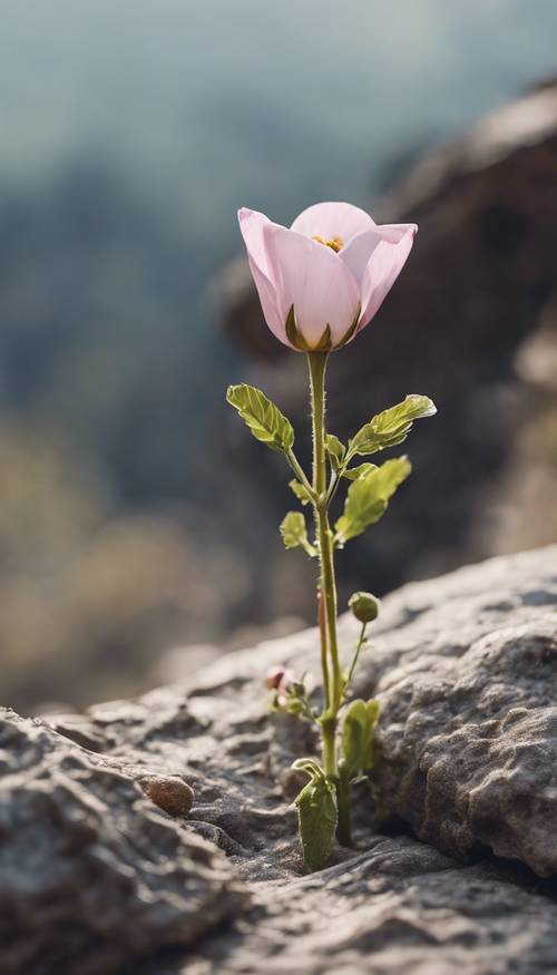 Uma única flor florescendo em um terreno rochoso, simbolizando esperança e resiliência.