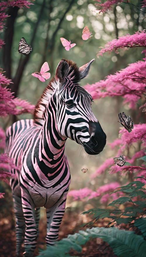 Zebra merah muda remaja bermain dengan kupu-kupu di hutan hijau subur.
