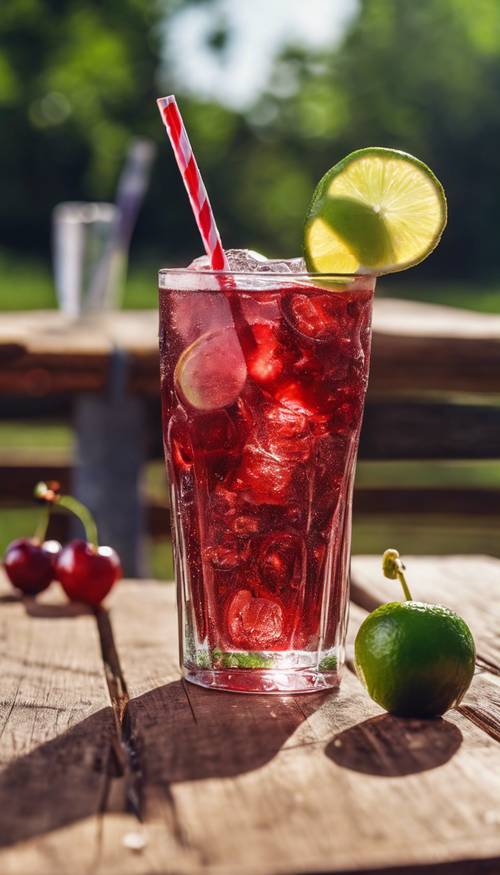 A grande glass of cool red cherry soda with a straw and slice of lime on a picnic table.