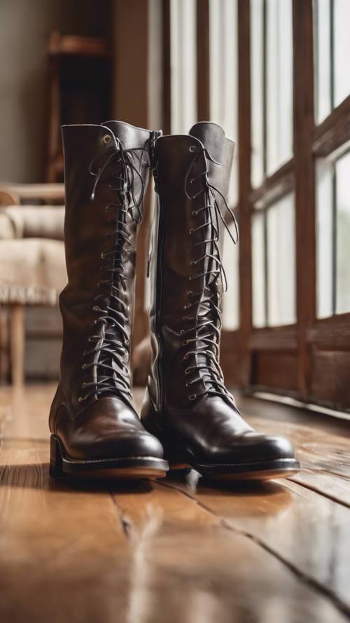 A sleek new pair of leather boots sitting on a polished wooden floor.
