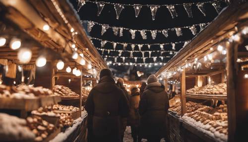 Un animado mercado navideño lleno de puestos que venden chocolate caliente, pasteles y adornos hechos a mano.