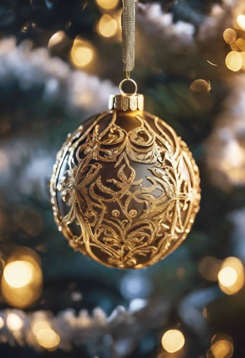 Eine elegante Weihnachtskugel mit kompliziertem Goldmuster, die an einem Weihnachtsbaum hängt.