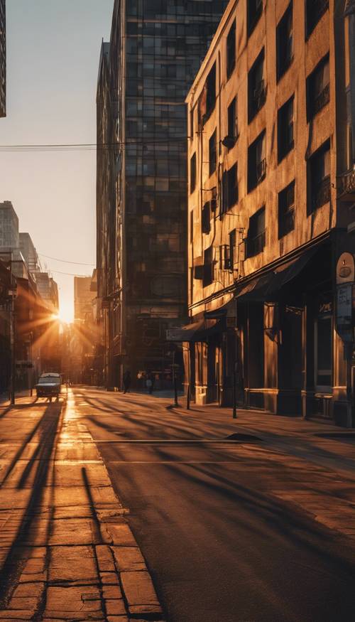 Una escena callejera temprano en la mañana en la ciudad con la luz naranja del amanecer filtrándose, proyectando franjas de sombra negras a través de los edificios.
