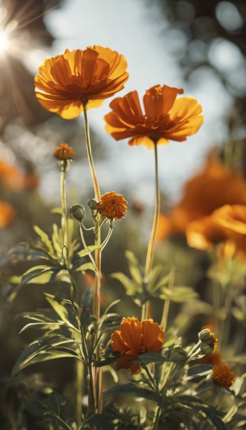 Öğleden sonra güneşinin altında yayılan Fransız Kadife çiçeği yapraklarının yakından görünümü