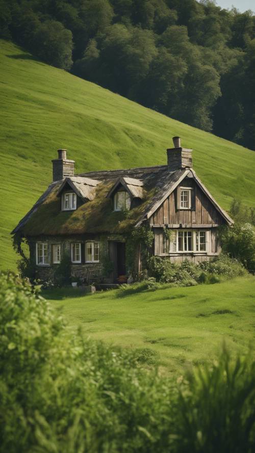 Rustykalny stary domek położony wśród jasnozielonych wzgórz.