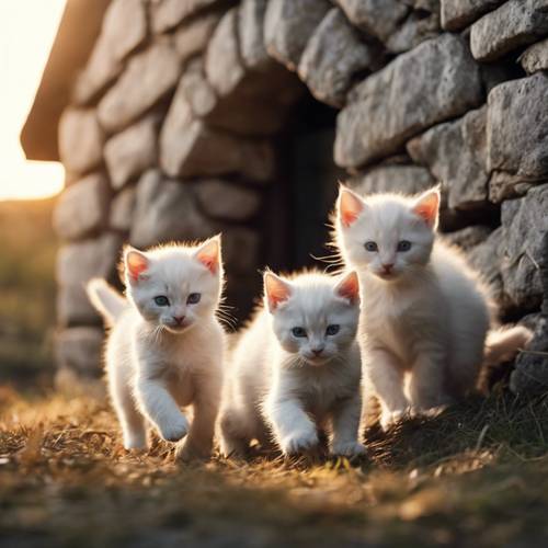 عشر قطط بيضاء صغيرة تطارد بعضها البعض بشكل هزلي حول حظيرة حجرية قديمة مظللة في مواجهة غروب الشمس.