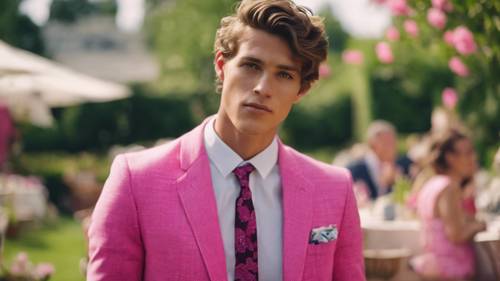 一位穿著考究的年輕人，穿著一件亮粉色的學院風西裝外套，參加花園派對。