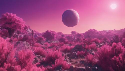 Uma vista panorâmica em 3D de um planeta alienígena coberto por uma vegetação rosa suave contra um céu roxo salpicado.