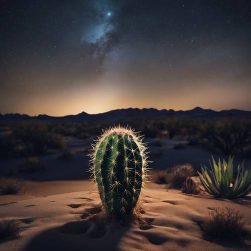 A mesmerizing night view of a desert landscape with a single vibrant cactus highlighted under a sky strewn with stars.