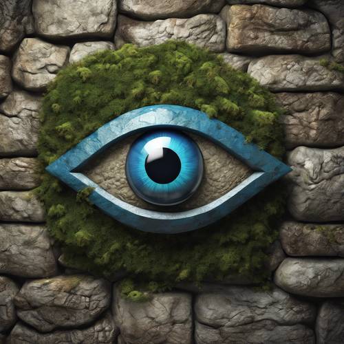 A 3D design of an evil eye, emitting an ominous glow, on a historic stone wall covered in moss.