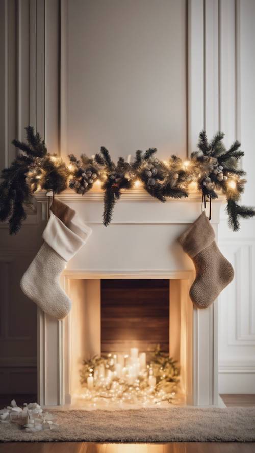 Um cenário festivo, mas minimalista, de uma lareira com meias brancas e bege penduradas