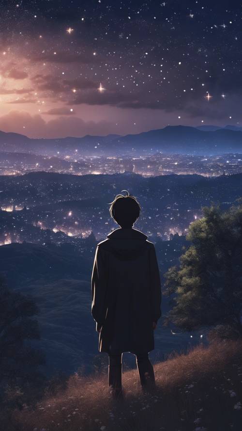 Ponure nocne niebo wypełnione migoczącymi gwiazdami i widokiem na samotnego bohatera w stylu anime na szczycie wzgórza.