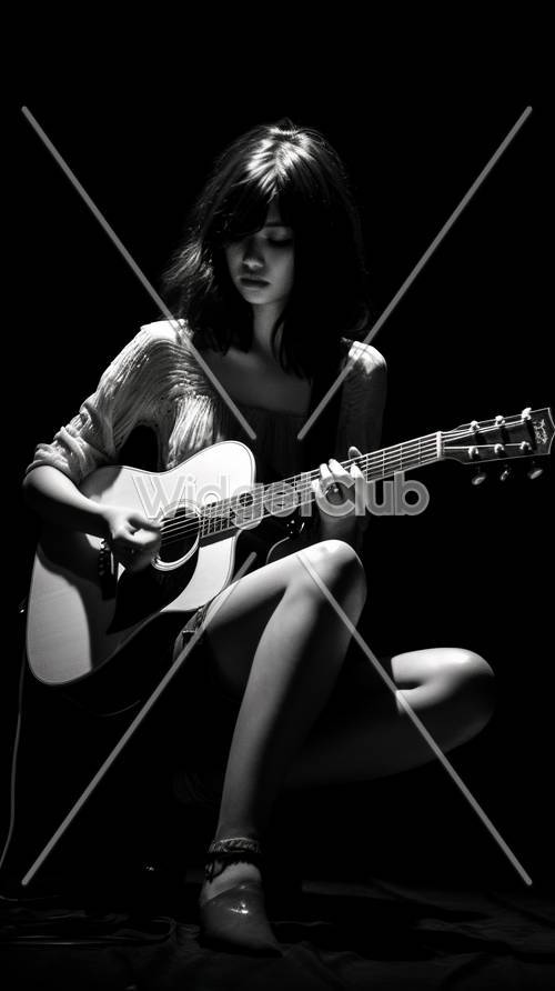 Девушка играет на гитаре в черно-белом цвете