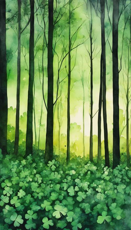 Ein Aquarellkunstwerk, das einen kleegrünen Wald in der Dämmerung zeigt.