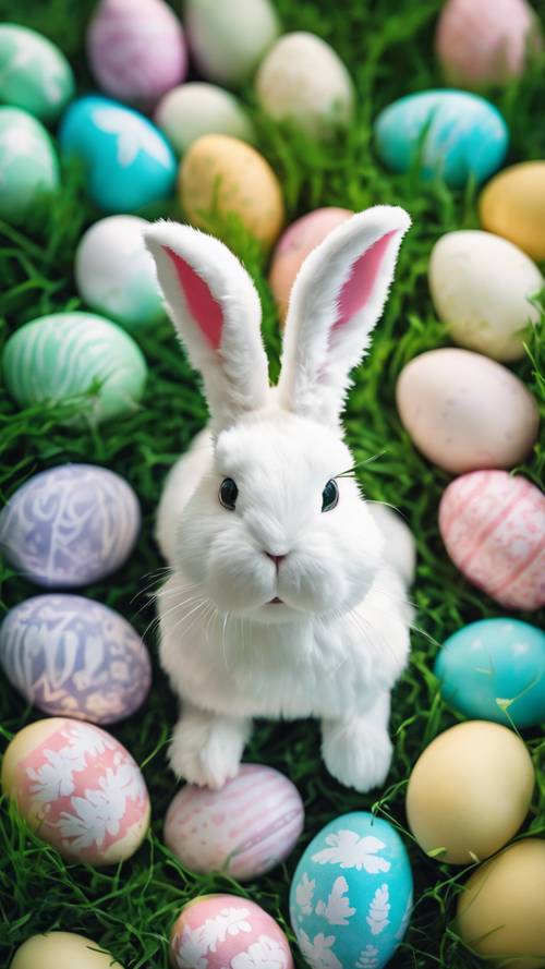 Плюшевый белый кролик в окружении пасхальных яиц пастельных тонов уютно устроился в яркой зеленой траве.