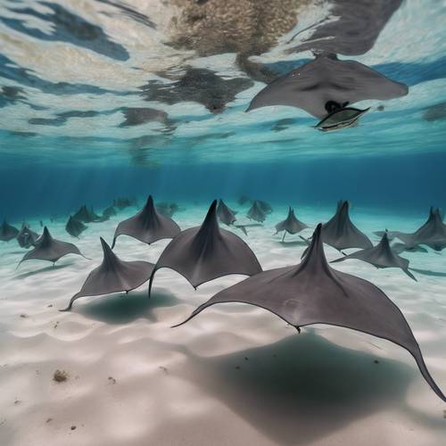 A school of stingrays swiftly gliding over the sandy ocean floor showcased from a scuba diver's perspective.