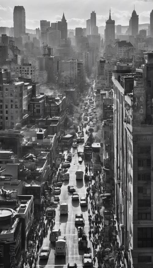 50&#39;li yıllardan kalma hareketli bir şehir manzarasının siyah beyaz fotoğrafı.