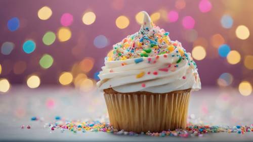 Ein Vanille-Cupcake mit Regenbogenstreuseln und dem Zitat „Streue überall, wo du hingehst, Freundlichkeit.“