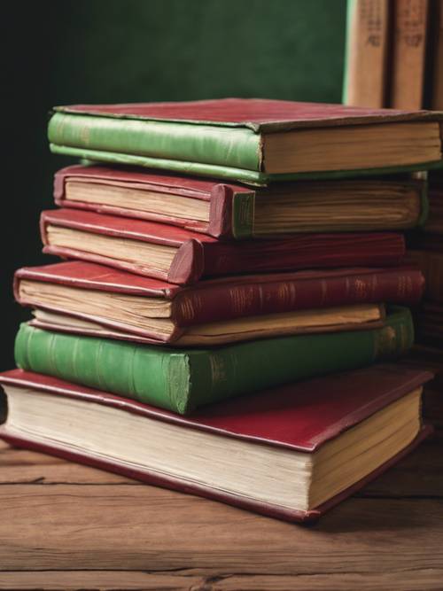 Una pila di libri rossi spessi su una scrivania vintage verde.
