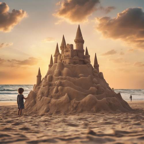 Một đứa trẻ đang xây lâu đài cát khổng lồ trên một bãi biển vắng người vào lúc hoàng hôn, với bầu trời được sơn vô số màu sắc.