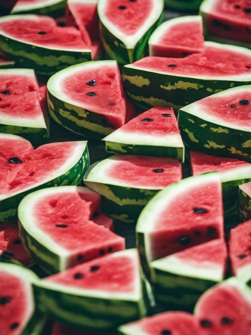 Mehrere süße Wassermelonenscheiben in Herzform angeordnet.