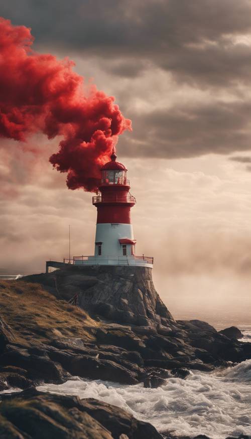Bir deniz fenerinin etrafında dönen kırmızı dumanın bir sanatçının izlenimi.