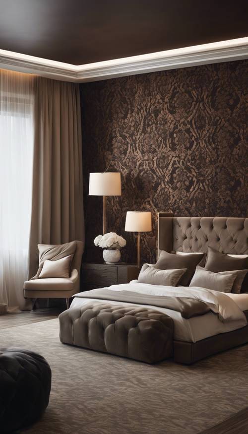 一间现代风格的卧室，特色墙面覆盖着深棕色锦缎壁纸