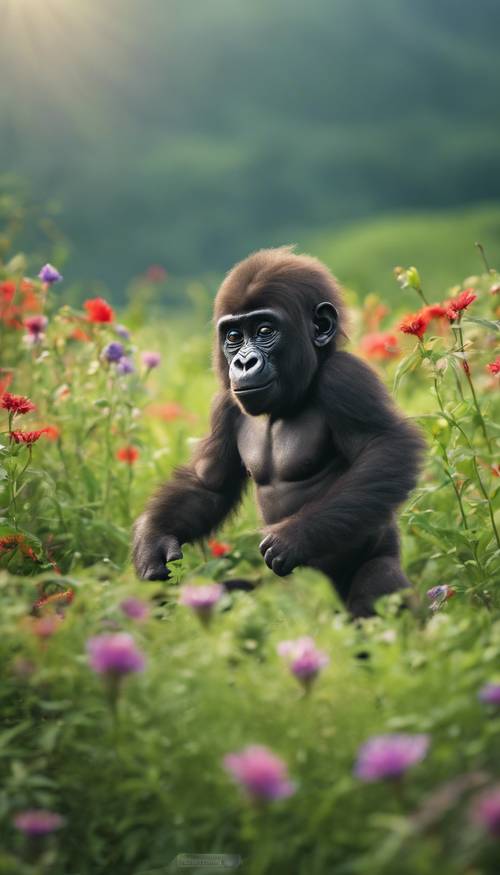 一只小猩猩在一片绿色的田野里嬉戏打闹，周围环绕着鲜艳的野花。