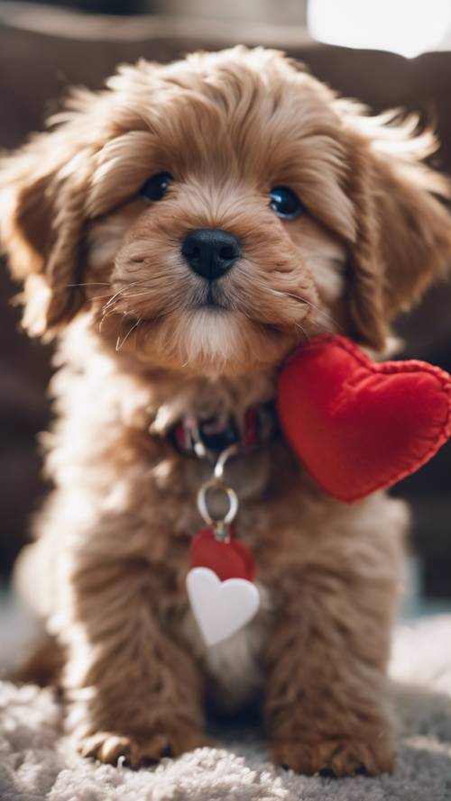 一只毛茸茸的可爱小狗，嘴里叼着一个红色的心形枕头，眼神中流露出顽皮的爱慕。