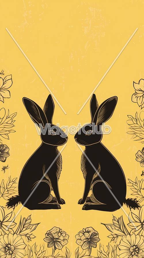 黄色い花柄の背景にいる2匹の黒いウサギ