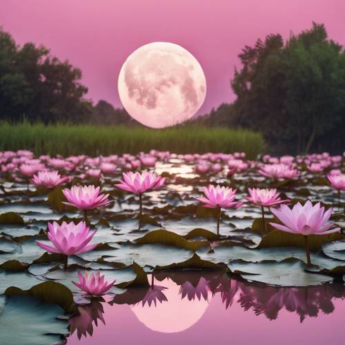 Uma lua rosa brilhando sobre nenúfares em um lago isolado.