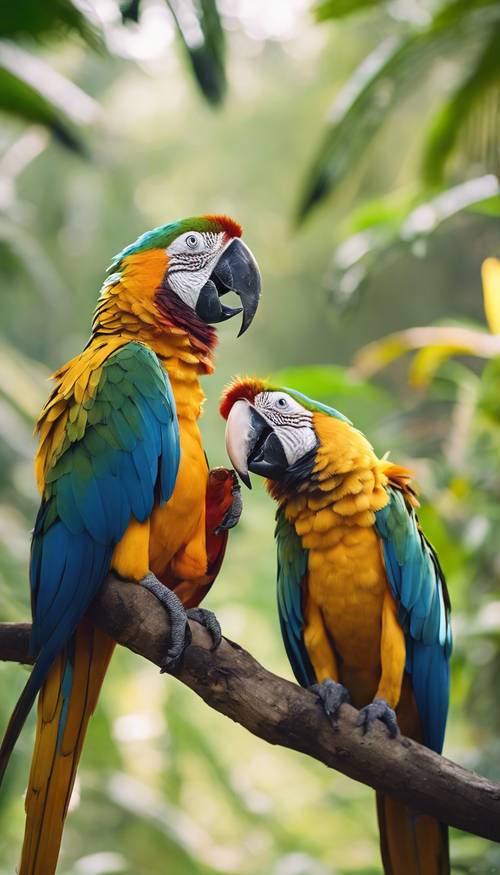 두 마리의 사랑스러운 마코앵무새가 열대우림 가장자리의 나뭇가지 위에서 부드러운 순간을 공유하고 있습니다.