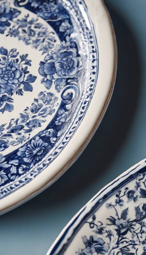 特写：复古陶瓷盘子，以焦点为中心，展示复杂的蓝白色花卉图案。
