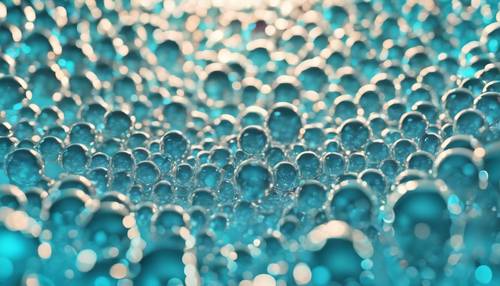 Un patrón de esferas en cascada, como burbujas, esparcidas sobre un lienzo en una variedad de tonos de azul claro.