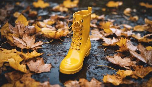 Düşen sonbahar yapraklarıyla çevrili bir su birikintisine sıçrayan canlı sarı yağmur çizmesinin görüntüsü.