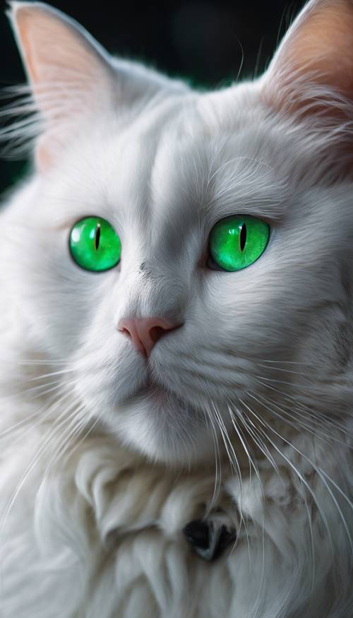Eine Nahaufnahme einer reinweißen Katze mit leuchtend grünen Augen. Hintergrund [d09e5c104deb444db0bc]