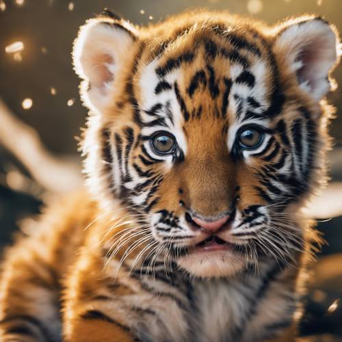 Seekor anak harimau oranye yang hidup dengan mata bulat besar dalam tampilan kawaii.