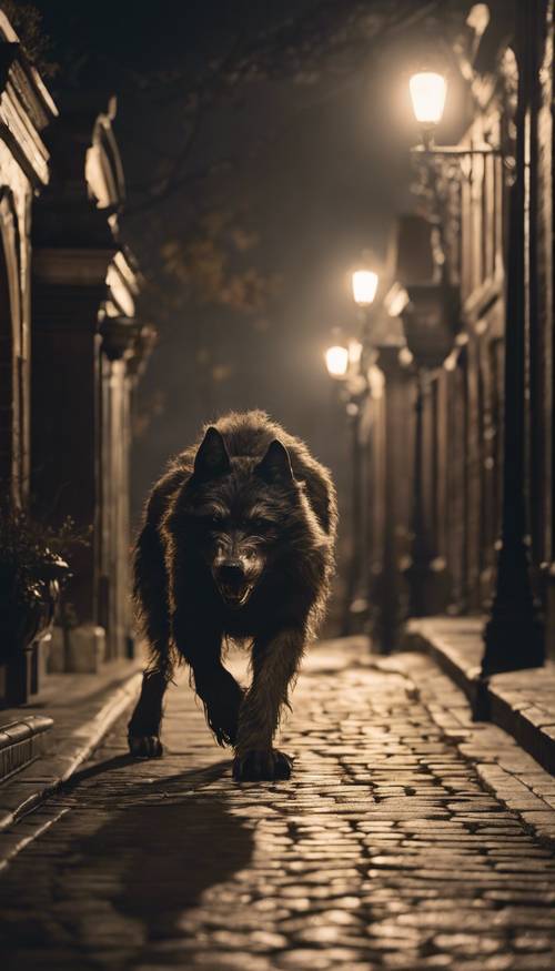 owiany tajemnicą obraz wilkołaka grasującego nocą w miejskim otoczeniu z epoki wiktoriańskiej