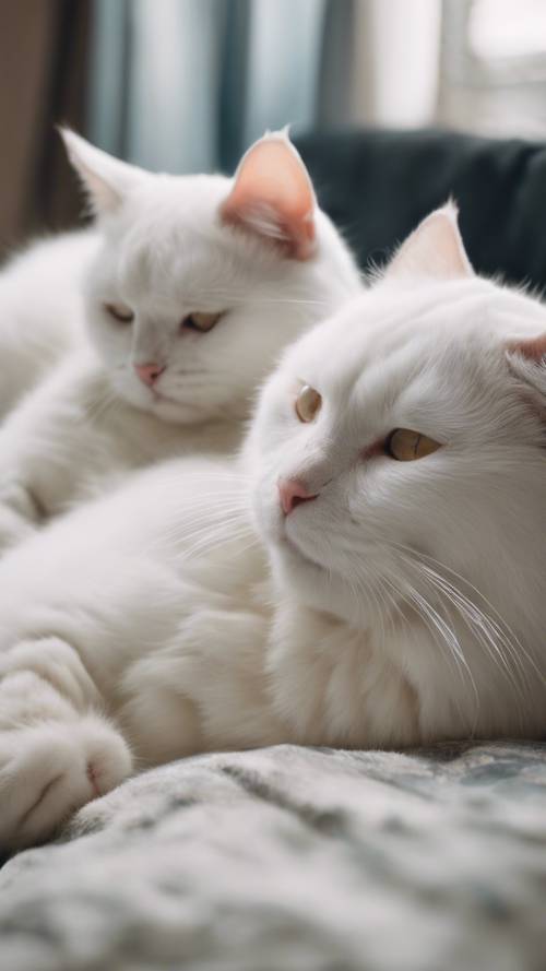 Two white adult cats napping together on a plush cushion.