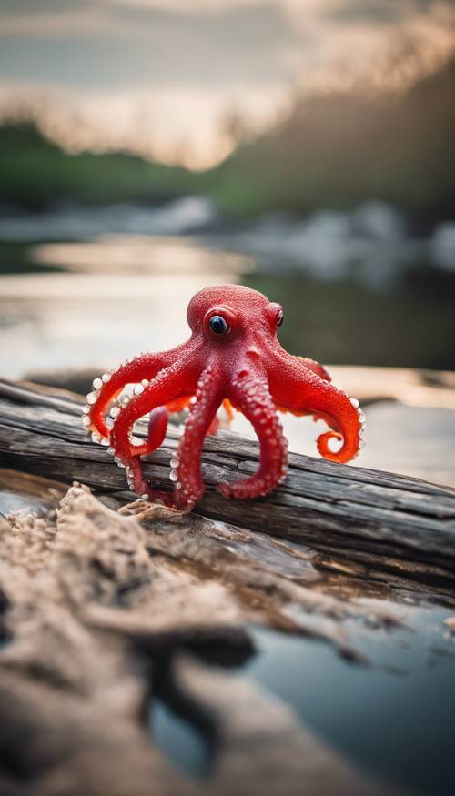A small, bright red octopus, balancing on a floating piece of driftwood.
