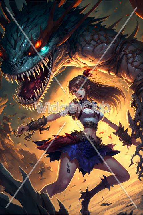 Dragon and Warrior Girl Fantasy Scene