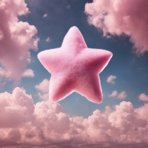 솜사탕 구름으로 가득 찬 하늘을 배경으로 부드럽게 떠 있는 빛나고 반짝이는 분홍색 별.