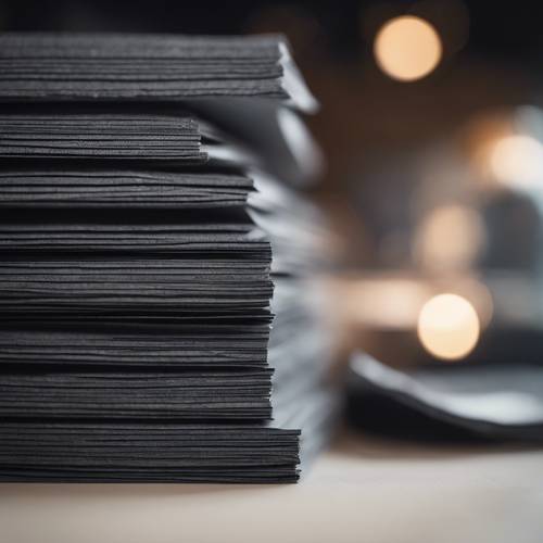 A stack of dark grey textured paper in a creative workspace.