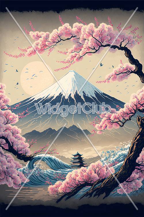 Cherry Blossoms and Mount Fuji Art