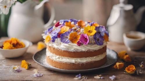 Beautifully made cream cake sitting on a wooden counter, decorated with edible flowers.