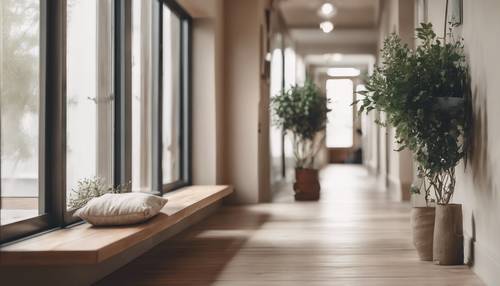 Scandinavian style hallway with a long, narrow wooden bench, a potted plant, and neutral-toned artwork.