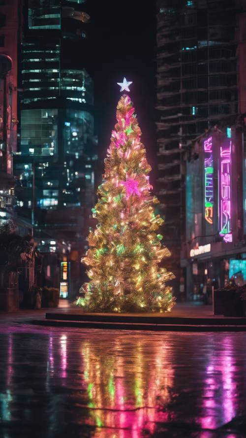 Un árbol de Navidad con temática de neón colocado contra un paisaje urbano por la noche.