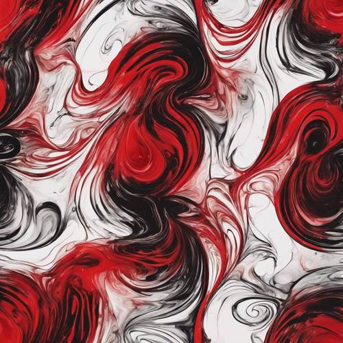 Lukisan tinta merah dan hitam abstrak dengan pusaran campuran menciptakan pola yang menghipnotis.