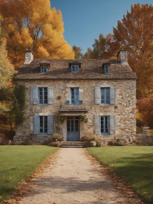 An old, stone-walled French country farmhouse surrounded by fall foliage, under a clear blue sky.