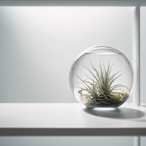Gambar minimalis tanaman udara mengambang di gelembung kaca di ruangan minimalis berwarna putih.